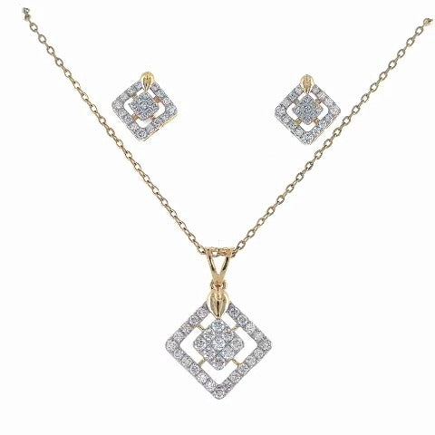 Cupira geometric halo natural diamond pendant necklace and matching stud earrings set in 14k yellow gold