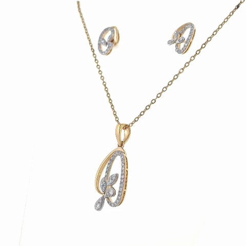 Cupira vine motif natural diamond pendant necklace and matching earrings set in 14k two-tone gold